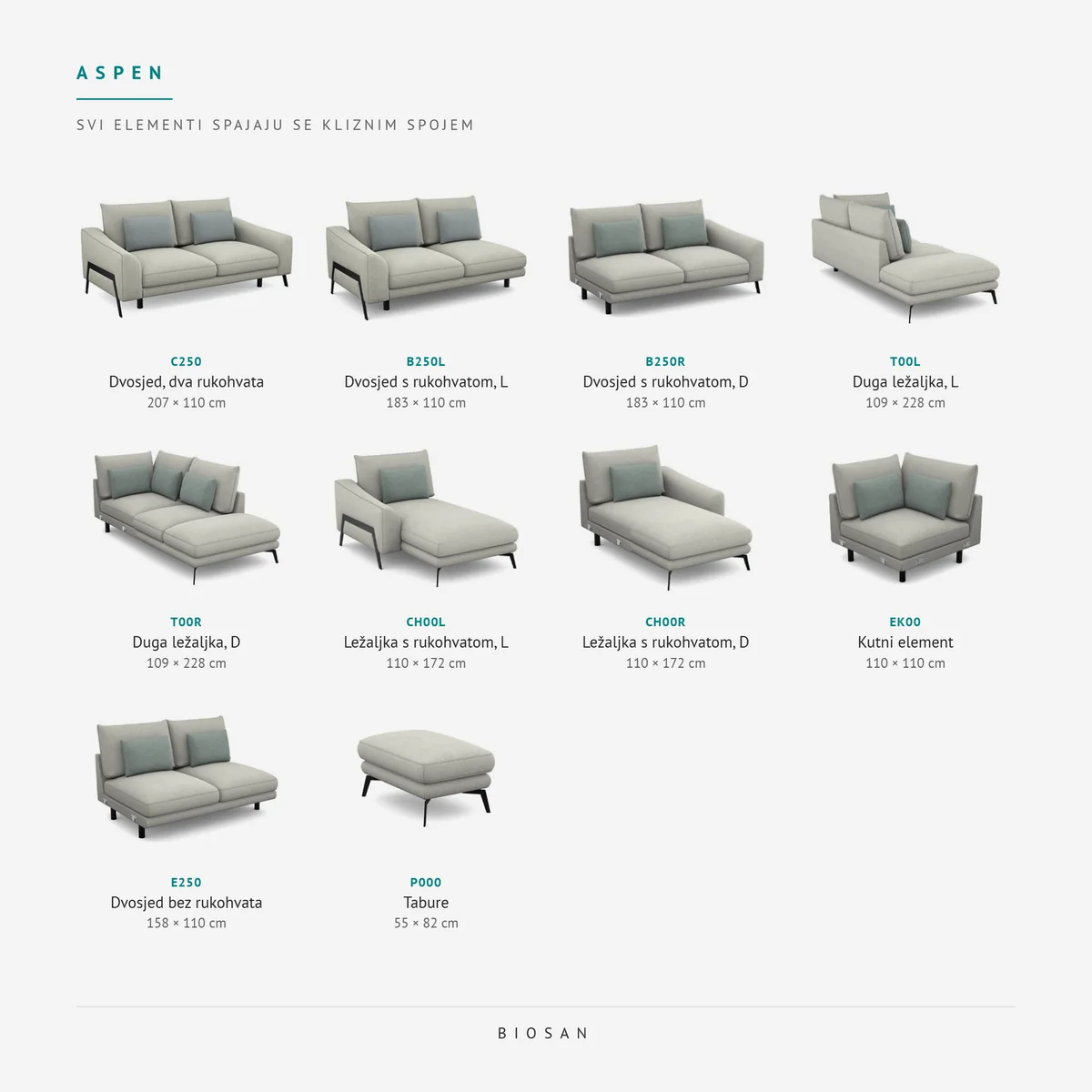 Aspen modularna kutna garnitura, svi elementi s dimenzijama